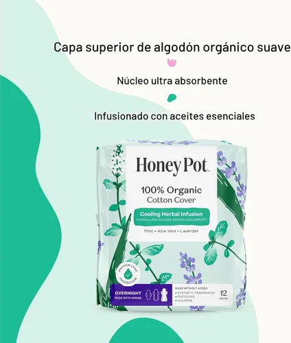 Vista 4 de The Honey Pot Company - Almohadillas herbales para mujeres - Noche entera con alas - Infundidas con aceites esenciales para efecto refrescante