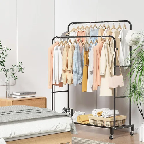 Vista 7 de Sooyee Perchero de doble barra con ruedas, perchero de 3 niveles para colgar ropa, perchero portátil con 4 ganchos para dormitorio, cuarto de Negro