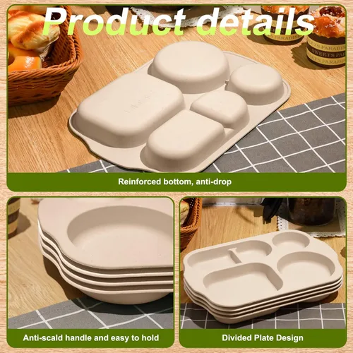 Vista 5 de Tanlade - 8 platos divididos irrompibles grandes de 12 pulgadas para adultos, bandeja de comida de paja de trigo de 5 compartimentos, bandeja