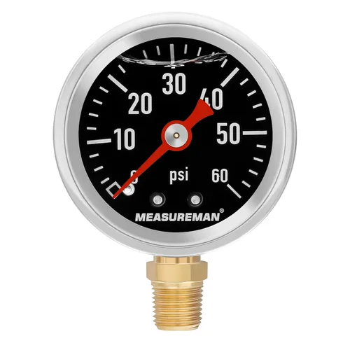 Vista 16 de MEASUREMAN - Manómetro, 0 a 15 psi, relleno glicerina, esfera 1.5 pulgadas, caja acero inoxidable 304, montaje central posterior 1/8 NPT, adaptador