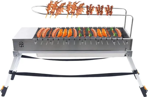 Vista 5 de Parrilla de carbón eléctrica USB, parrilla giratoria automática de acero inoxidable plegable con 17 varillas de asado para acampar al aire libre