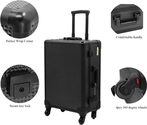 Vista 6 de Maletín de aluminio para maquillaje con luces LED, organizador profesional de cosméticos con altavoz, ruedas y soportes, estación de tocador