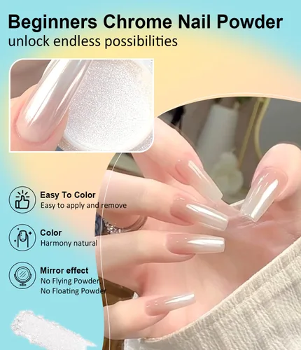 Vista 9 de Polvo de uñas cromado y perla - 【Efecto de hada】Polvo de uñas cromado rosa, blanco, aurora, amarillo, sirena, iridiscente, polvo cromado, espejo