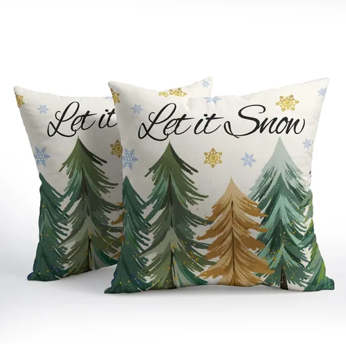 Vista 2 de Juego de 2 fundas de almohada de árbol de Navidad de 18 x 18 pulgadas, fundas de almohada de invierno Let it Snow, diseño de copos de nieve, funda
