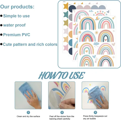 Vista 6 de Calcomanías de pared de arco iris para habitación de niños, 76 piezas extraíbles de despegar y pegar, calcomanías de pared boho de estrellas