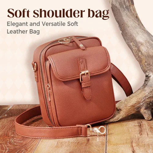 Vista 2 de Bolso bandolera de cuero, bolso mensajero de doble capa de gran capacidad, de cuero sintético retro con monedero incorporado, bolsa antirrobo