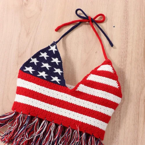Vista 4 de 1-6Y Día de la Independencia Niños Niña 4 de Julio Bandera Americana Sin Espalda Top Halter Top+Pantalones Cortos Vaqueros Rasgados 4 de Julio