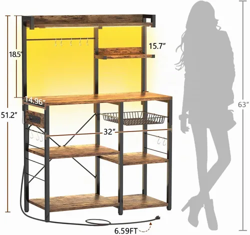 Vista 3 de Aheaplus Estante de panadería con toma de corriente y tiras de luces LED, soporte para horno de microondas, estante de almacenamiento de cocina