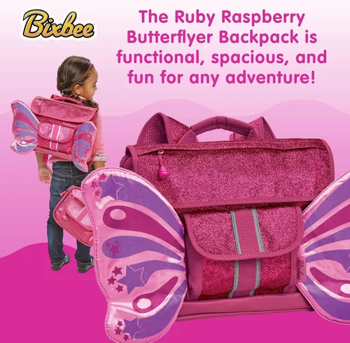 Vista 2 de Bixbee Mochila para niños pequeños con alas Edades de 3 a 5 Guardería, preescolar y primaria para niños, rubí frambuesa (Ruby Raspberry), S