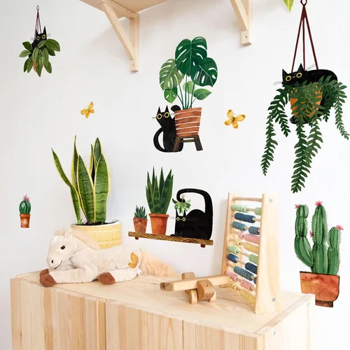Vista 4 de Yovkky Calcomanías de pared de plantas en maceta de gatos negros, caricaturas, gatito, bonsái, guardería, sala de juegos, decoración de cactus