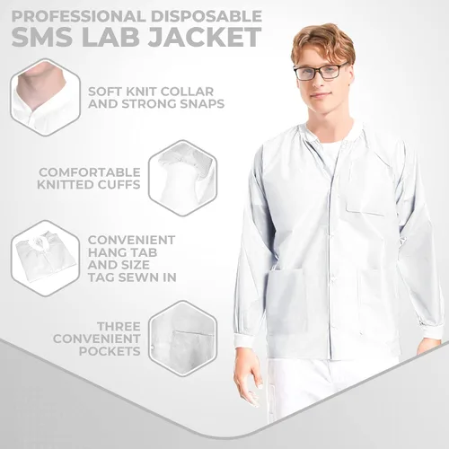 Vista 59 de Paquete de 10 chaquetas desechables de laboratorio, chaqueta médica reutilizable hasta la cadera, unisex, con puños de punto y bolsillos