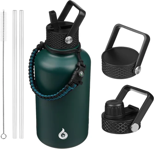 Vista 100 de BJPKPK Botellas de Agua Aisladas con Tapa de Pajita, Botella de Agua de Acero Inoxidable de 18oz, Termo Frío Caliente con 3 Tapas, Vaso de Viaje a
