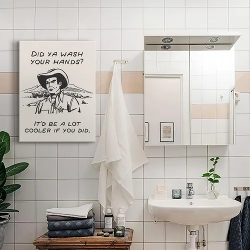 Vista 5 de Cuadros enmarcados de vaquero retro en blanco y negro para la pared de la cocina ¿Lavaste tus manos? Impresiones en lienzo, imágenes divertidas