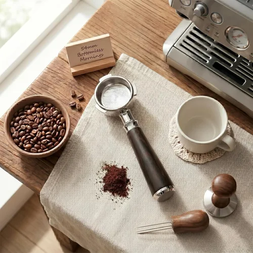 Vista 2 de 54mm Portafiltro sin fondo para Espresso con 3 orejas Compatible con máquina de espresso Barista Breville/Sage de 54mm Cesta de acero inoxidable