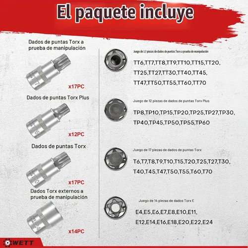 Vista 3 de WETT Master Torx Bit Socket y Juego de Enchufe Torx Externo, Juego de 60 Piezas de 1/4", 3/8", 1/2" de Unidades de Enchufes de Broca E-Torx