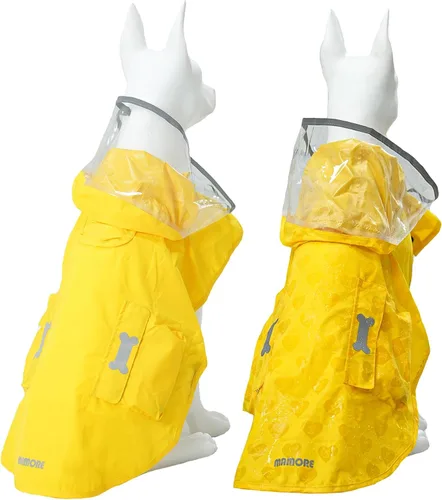 Vista 16 de Impermeable para perro con poncho con capucha, chaqueta de lluvia amarilla ajustable de alto reflejo, con agujero para correa para perros pequeños