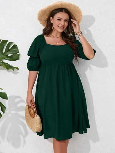 Vista 3 de SCOMCHIC Vestidos casuales de talla grande con cuello cuadrado para mujer, manga abombada, cintura alta, fruncido, acampanado, mini vestido corto