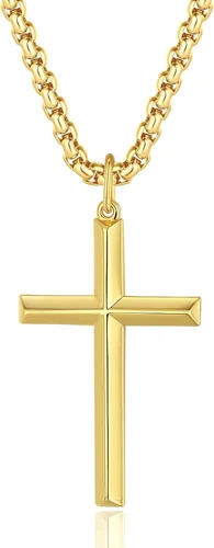 Vista 12 de FANCIME Cross Necklace for Men Sterling Silver Cross Necklaces High Polished Gift For Men, Stainless Steel Box Chain Length 24 Inch Oro pulido