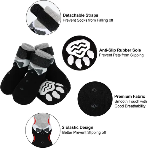 Vista 2 de PETLOFT Calcetines antideslizantes para perro, 4 piezas calcetines antideslizantes para interiores con correa de cierre desmontable ajustable