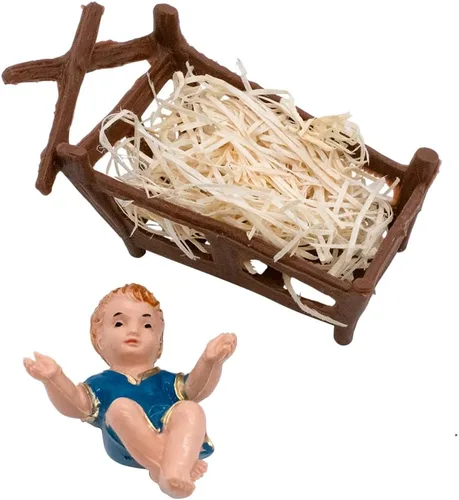 Vista 3 de Figurita de bebé Jesús en un pesebre con paja Escena del Belén de Navidad Decoración navideña cristiana Agregar a Belén o establo Decoración