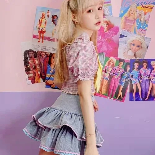 Vista 3 de Falda de mezclilla coreana Kawaii de doble capa para mujer