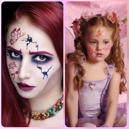 Vista 7 de Chinco 24 plantillas de pintura facial, plantillas de tatuajes faciales y corporales, plantillas de pintura para niños, vacaciones, Halloween
