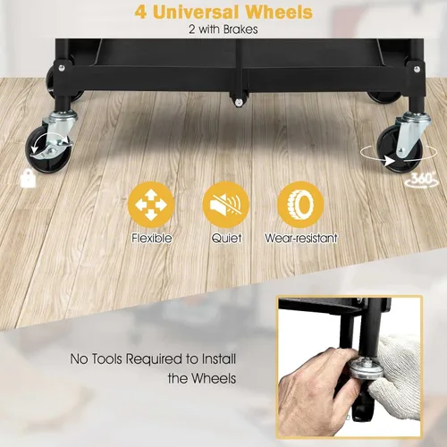 Vista 7 de Goplus Carrito plegable con ruedas, carrito de herramientas de 3 niveles con ruedas y compartimentos bloqueables, carrito de servicio de metal
