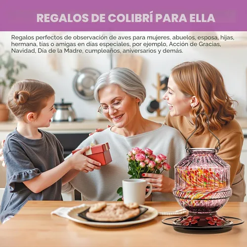 Vista 7 de Comedero de colibrí de vidrio soplado a mano para exteriores, 25 onzas, alimentador de néctar de aves silvestres con perca y 5 puertos