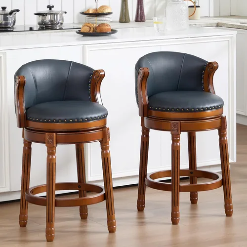 Vista 15 de RAINMOOD Taburete de bar, taburetes de bar giratorios de estilo moderno de mediados de siglo con asiento de cuero y patas de madera, silla
