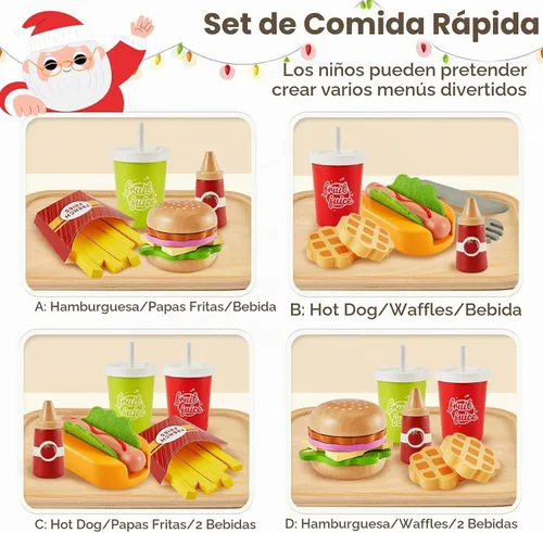 Vista 5 de BUYGER Fast Food Play Food Toys for Kids, Wooden Hamburger Toys for Toddler