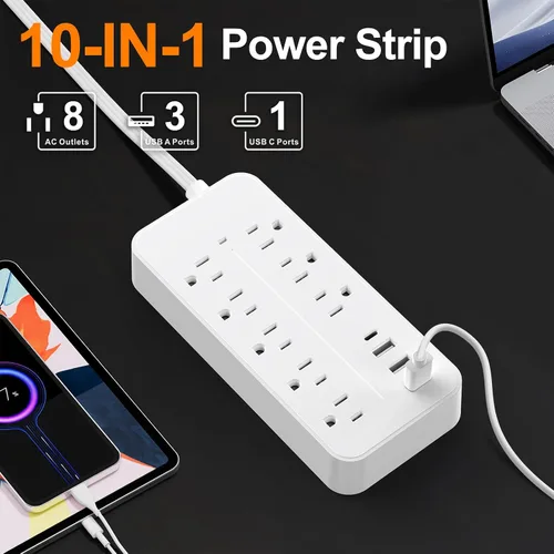Vista 3 de Protección contra sobretensiones de 5 pies con cable plano de extensión, regleta de alimentación con enchufe plano listada por ETL, 8 tomas de CA, 4