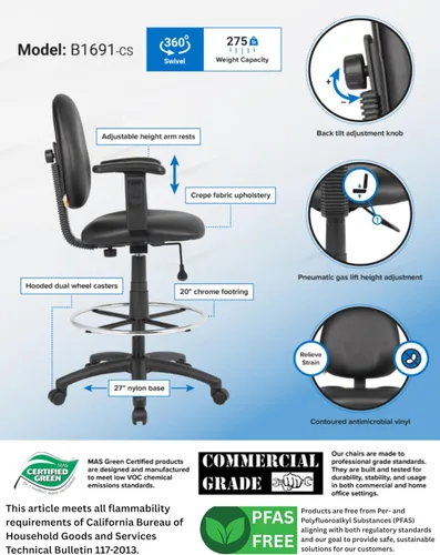 Vista 4 de Boss Office Products B1691-CS Stand Up Caressoft Taburete de dibujo con brazos ajustables en negro