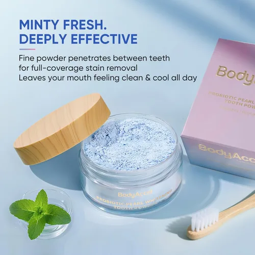 Vista 7 de BodyAccel Polvo blanqueador de dientes, polvo de perlas probióticas, pasta de dientes sin flúor para eliminación de manchas de café, té y vino