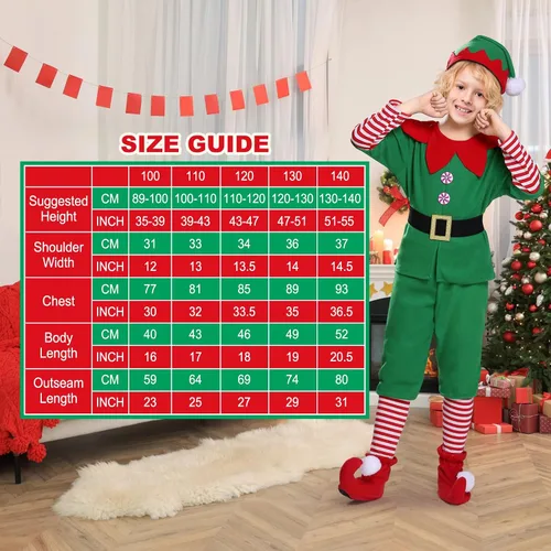 Vista 2 de Cowaski Disfraz de elfo para niños, disfraz de elfo de Navidad para niñas y niños. Disfraz de ayudante de Papá Noel, traje festivo de Navidad