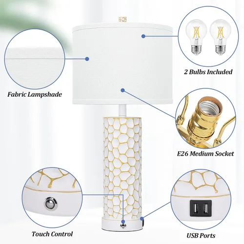 Vista 4 de Brightever Lámpara de mesa para sala de estar, juego de 2 lámparas táctiles con puertos de carga USB duales, lámparas de granja regulables de 3 vías