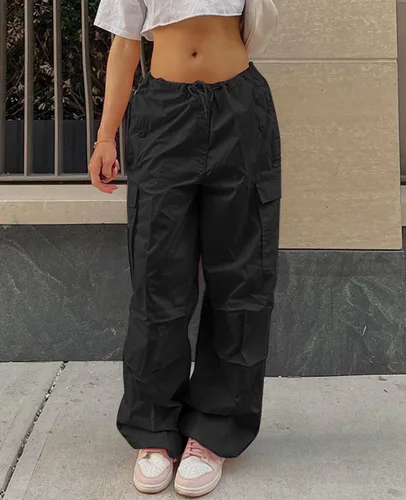 Vista 2 de Neyaolk Pantalones de paracaídas para mujer, pantalones cargo holgados para mujer, pantalones deportivos holgados Y2K de cintura baja y pierna ancha
