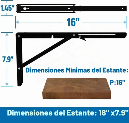 Vista 2 de LEOPO 16 Inch Folding Shelf Brackets, 2 Pack Foldable Shelf Supports Negro-Paquete de 2