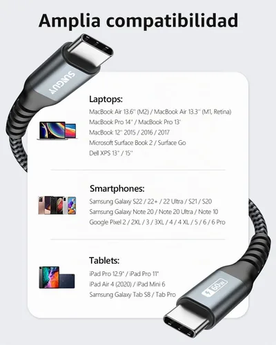 Vista 7 de SUNGUY USB C a USB C de 1.5 pies [2 paquetes], cable USB C de 60 W PD de Cable de carga tipo C compatible con iPhone 17/16/15 Series, Samsung Galaxy
