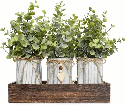 Vista 11 de Set de decoración de centro de mesa con flores artificiales, incluye 3 ramos falsos de Milán y bandeja de madera para decoración de escritorio
