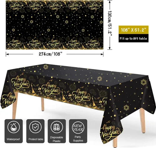 Vista 2 de HOWAF Paquete de 3 manteles de decoración de fiesta de Año Nuevo, mantel de feliz año nuevo negro y dorado para suministros de fiesta de Noticias