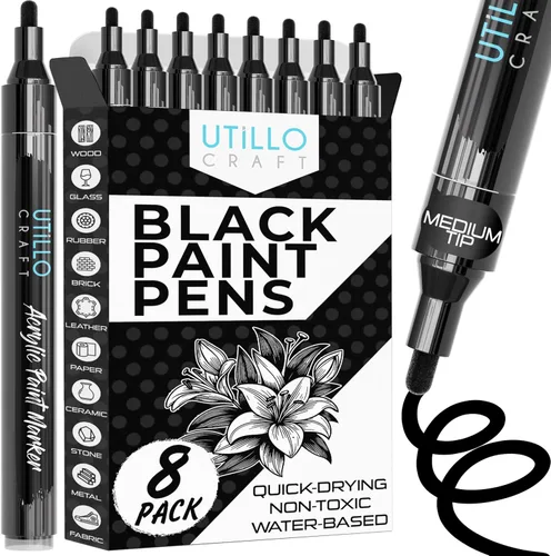 Vista 5 de Utillo Craft Bolígrafo de pintura negra (paquete de 3) marcadores de pintura negra mediana para metal, tela, madera, vidrio, papel, plástico, roca