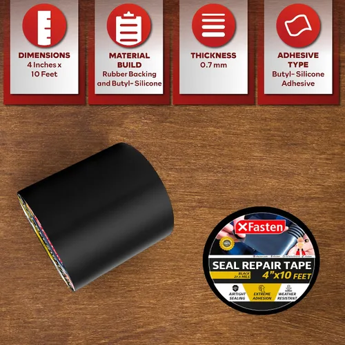 Vista 3 de XFasten Cinta de parche y sellado impermeable, color negro, cinta de reparación de goma de 4 pulgadas por 10 pies para reparación de fugas