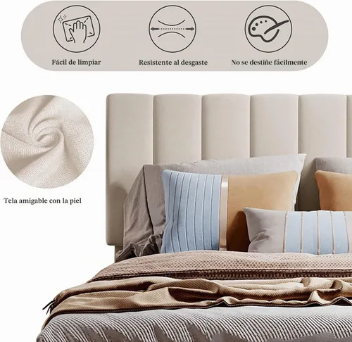 Vista 7 de Harper & Bright Designs Cama de plataforma tapizada tamaño Queen con cabecero con respaldo de alas y soporte de listones de madera, color beige