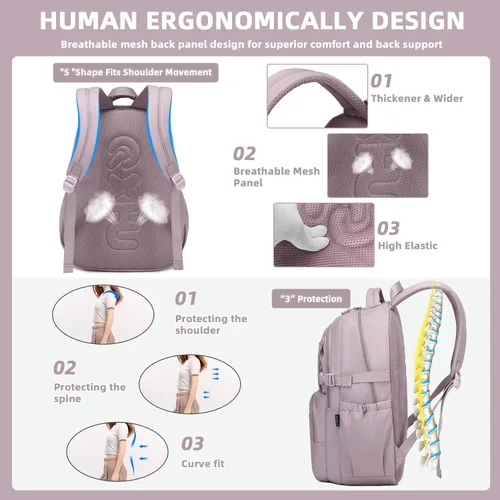 Vista 3 de ASKSKY Mochila para la escuela, mochila ligera para niños y niñas, mochila escolar para adolescentes, para hombres y mujeres, Púrpura, gris