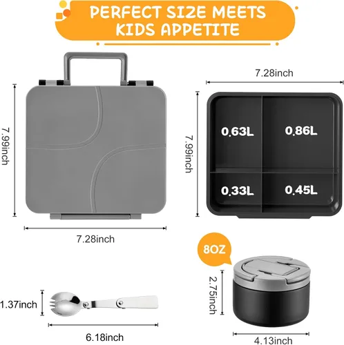 Vista 6 de MAXSO Set de Lonchera Bento para Niños con Termo de Sopa de 8 oz, Envase para Comida Caliente a Prueba de Fugas con 4 Compartimentos, Tarro