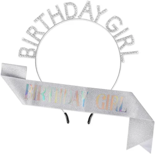 Vista 14 de Coronas de cumpleaños para mujer con banda de feliz cumpleaños para niña, accesorios brillantes de diamantes de imitación, recuerdos de fiesta