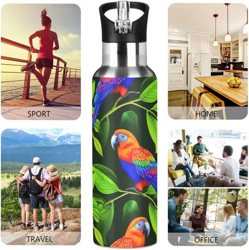 Vista 5 de Insulated Stainless Steel Water Bottle with Straw 20 Oz, BPA-Free Sports Water Bottle with Straw for Gym Outdoor Travel School, Vibrant Birds Green
