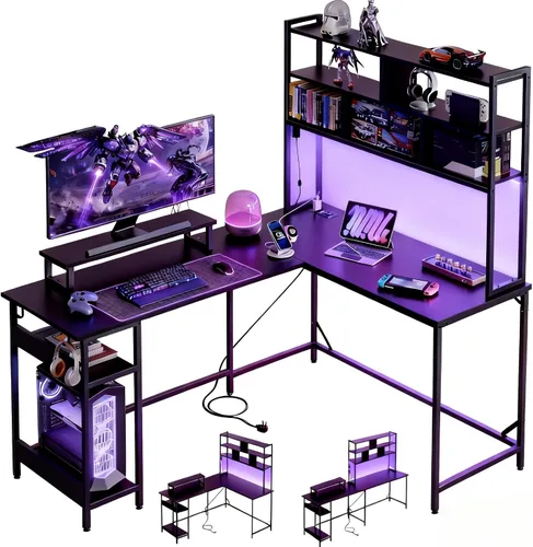 Vista 13 de DEVAISE Escritorio para juegos en forma de L de 48 pulgadas con cajones y almacenamiento, escritorio de esquina con luces LED, tomas de corriente