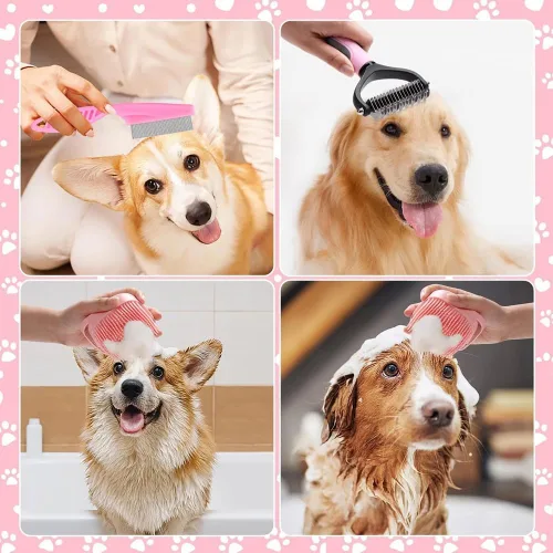 Vista 3 de Juego de 8 cepillos para perros, juego de limpieza automática para mascotas, con cortaúñas y limas, peine, cepillo de baño para champú para mascotas