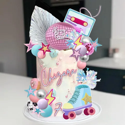 Vista 7 de 40 adornos para tartas de patinaje de los años 80 y 90, decoración retro de cumpleaños de niña con mini bolas para patinaje, suministros de fiesta